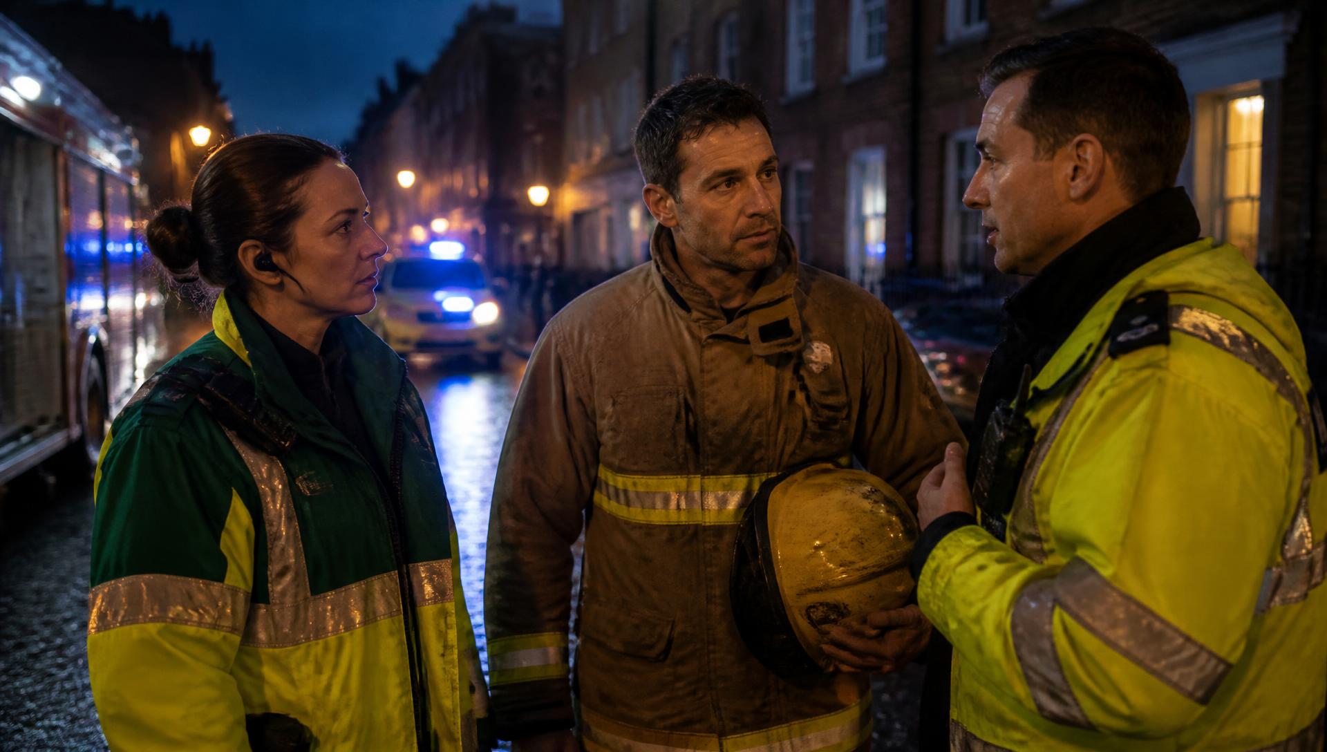 Irish paramedic, firefighter and Garda standing together on a city street at dusk